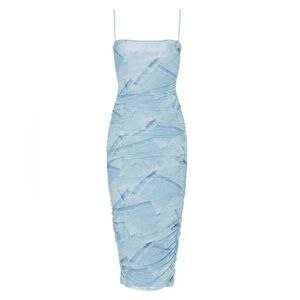 Good American Patchwork Denim Midi Dress 3 Ruched Bodycon Blue Retail $129